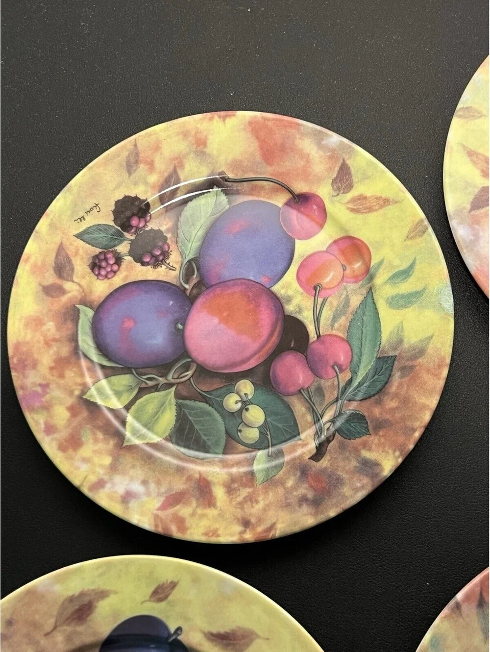 Godinger Email de Limoges 1980s 8 Fruit Salad Plates Hand Painted Marino, 7.5”